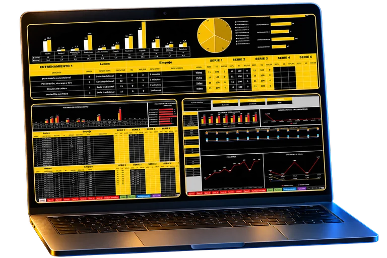 Computadora abierta en perspectiva con las áreas de entrenamiento y seguimiento de Ultimate Fitness Excel 3.0