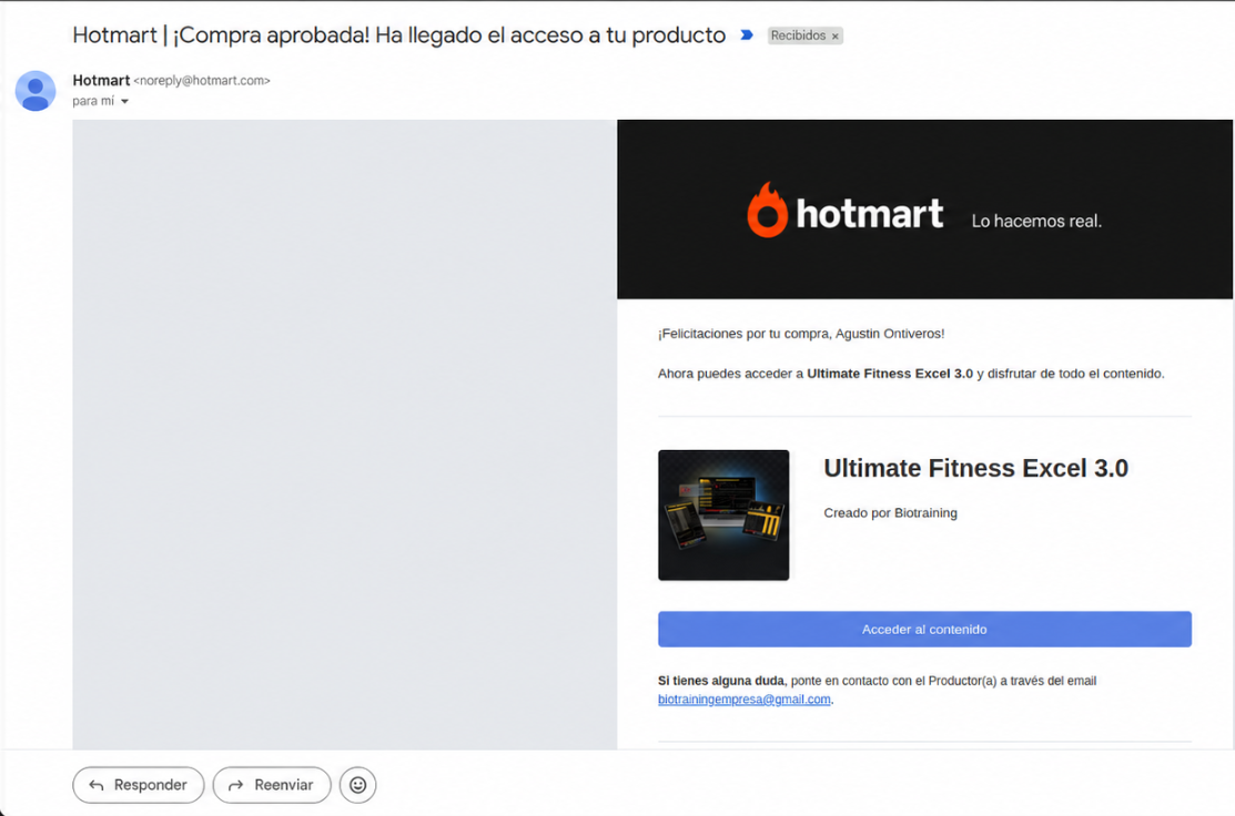 Correo real de Hotmart con el producto Ultimate Fitness Excel 3.0 y el botón para acceder al contenido
