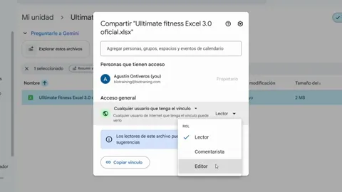 Opciones reales de Google Drive para compartir la plantilla, copiar el vínculo y elegir permisos de lectura o edición